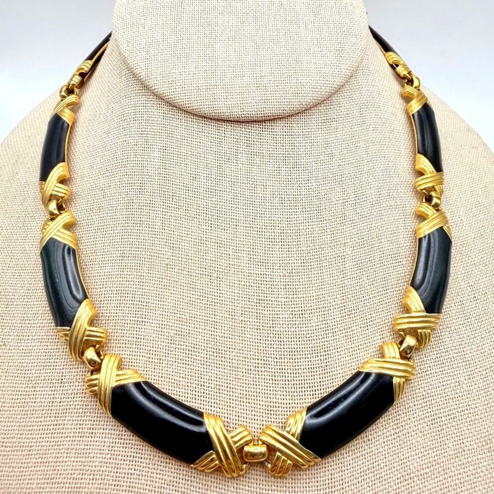Vintage Mid-Century Gold Tone Black Enamel Link Collar Necklace Chunky Bold 17"